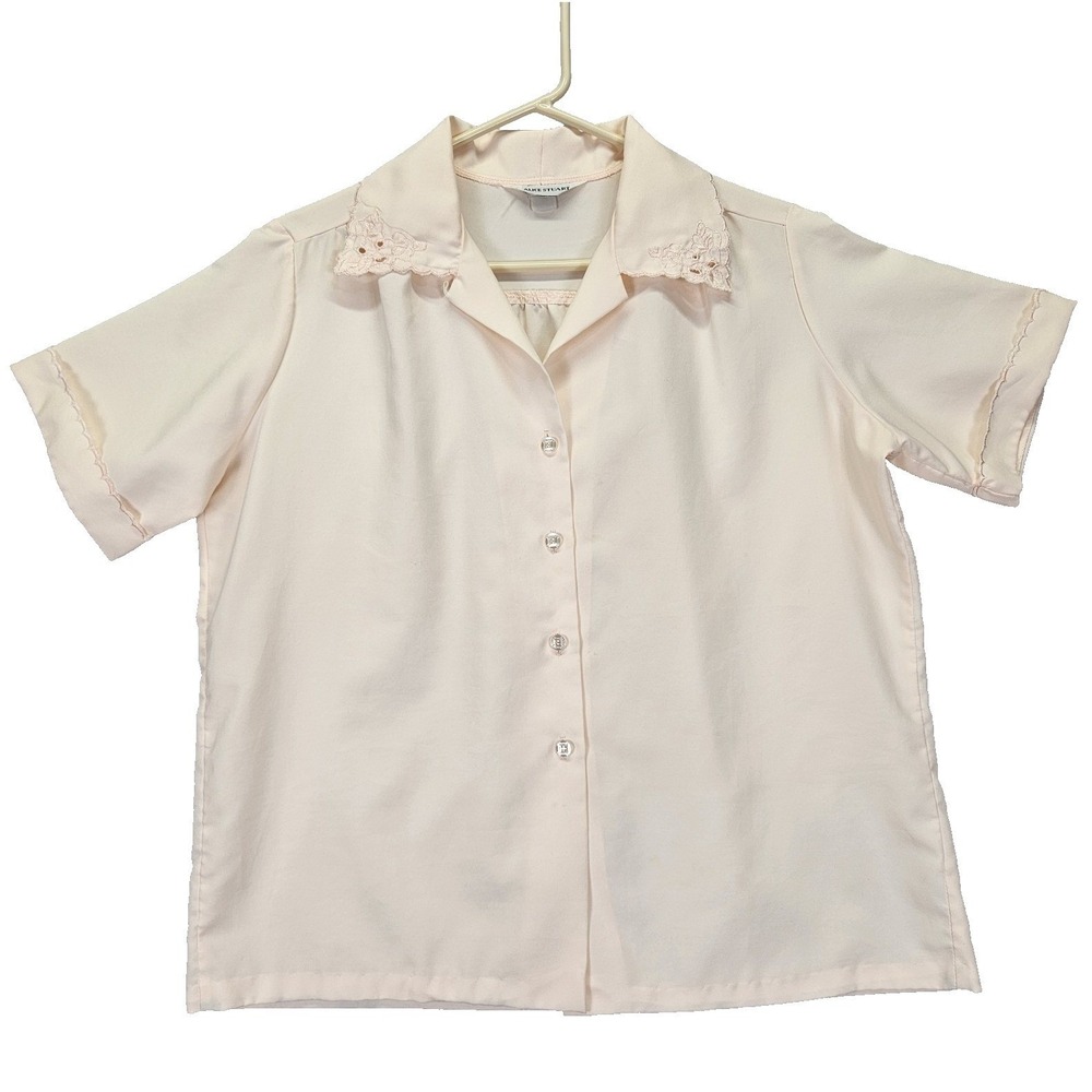 VTG Alice Stuart Short Sleeve Scallop Trim Embroidered Blouse Women Sz L Peach